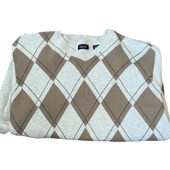 Y2K Vintage IZOD Argyle Sweater Size M Men VNeck Gray Tan Cotton Academia Preppy - Picture 16 of 17